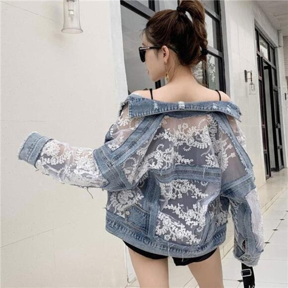 Floral Embroidered Lace Denim Jacket Distressed Light Wash Denim Jean Jacket - Picture 4 of 9